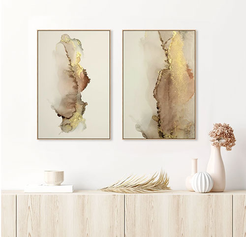 interior decorator blush and gold wall art used by she's got style interior design brisbane