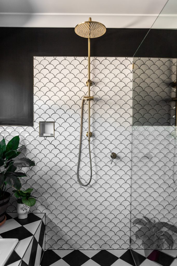 eclectic main bathroom shower and fishscale tiles in black and white from she's got style interior design brisbane