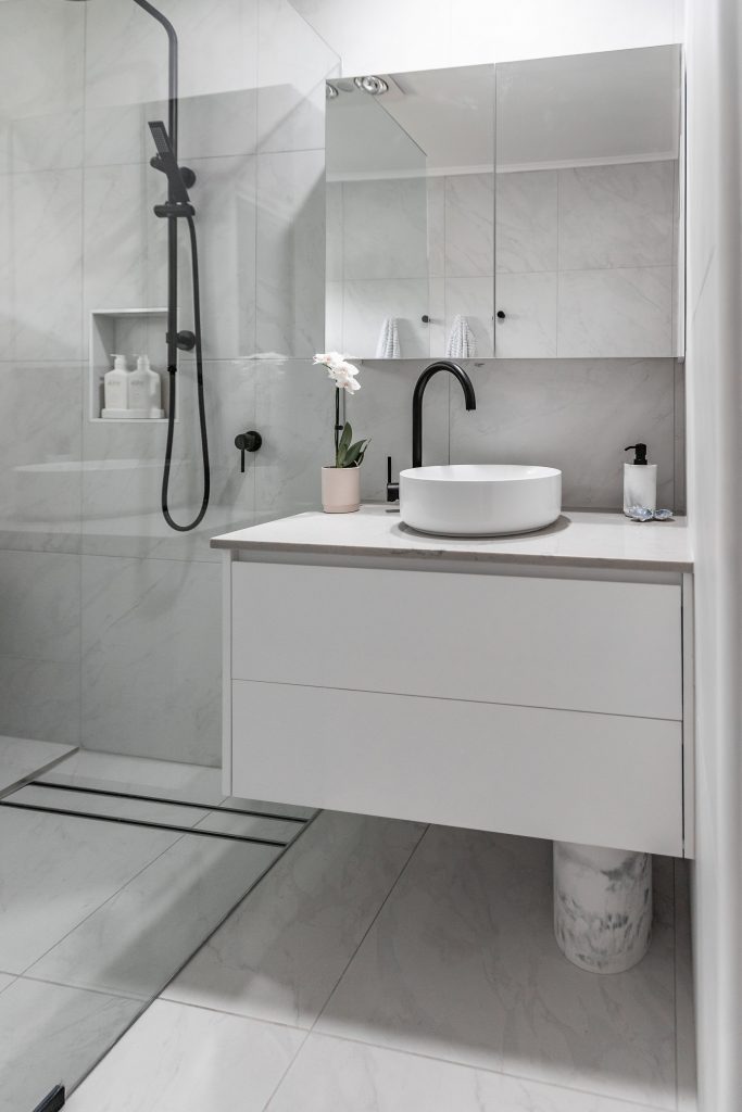 sophisticated modern marble bathroom vanity shower designed by she's got style interior design brisbane